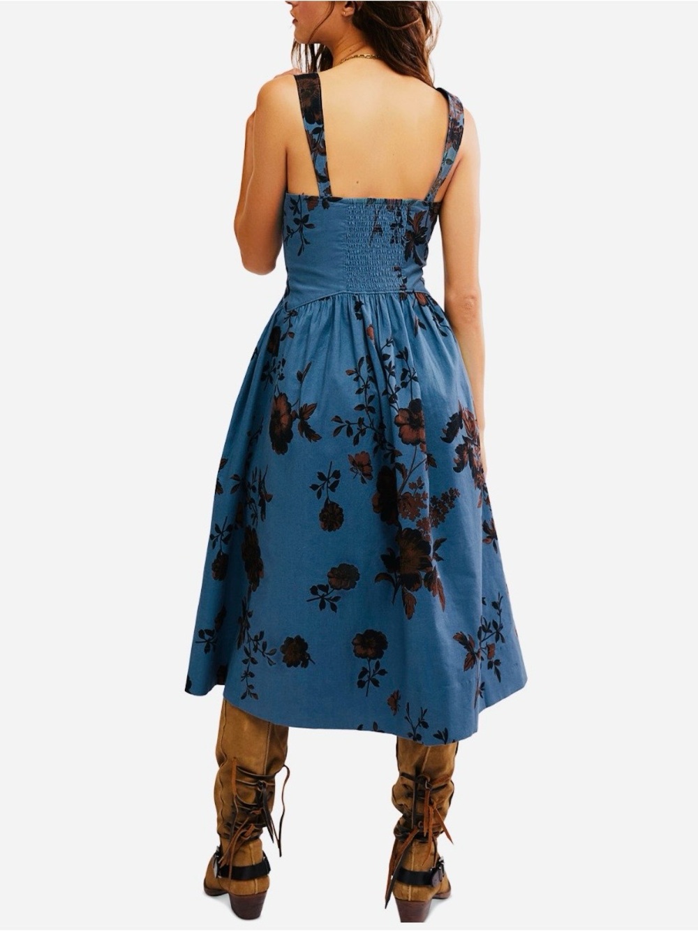 FREE PEOPLE Laters Baby Midi Dress Storm Blue Brown Milkmaid Cinch Bust Size M - Picture 3 of 12